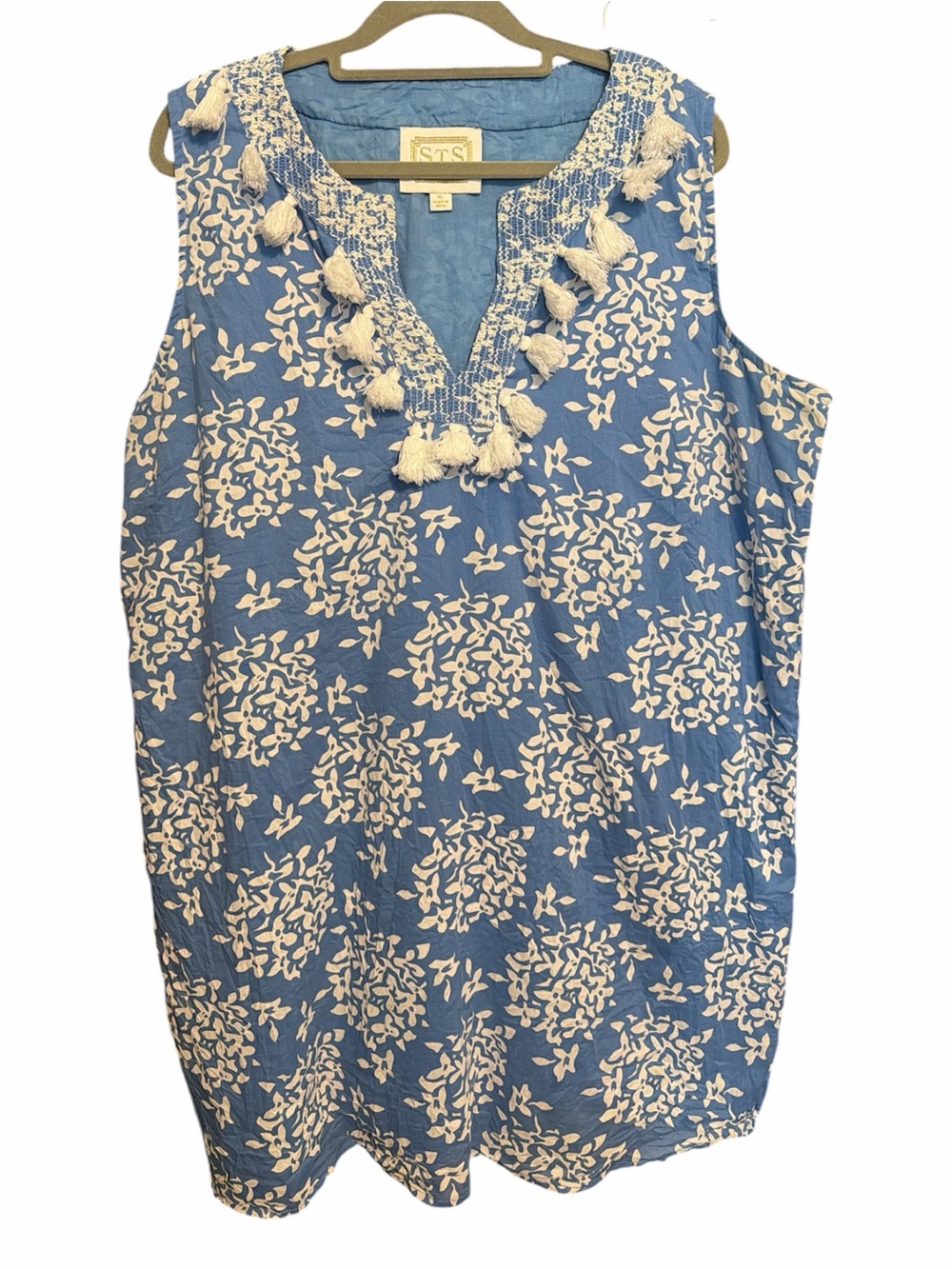 Sail to Sable Blue White Floral Tassel Shift Tunic Dress XL